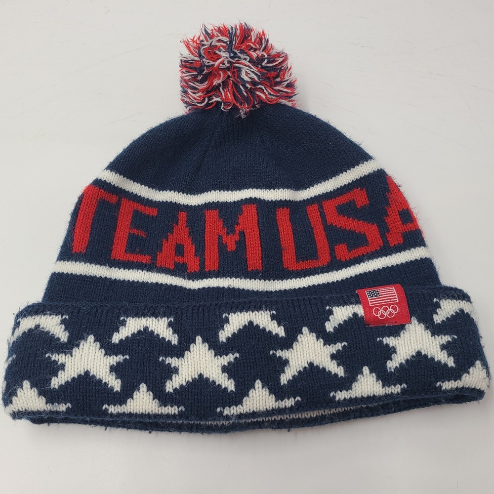 Team USA Hat Beanie Blue Red White Olympics Pom Winter Knit Stocking Cap Men